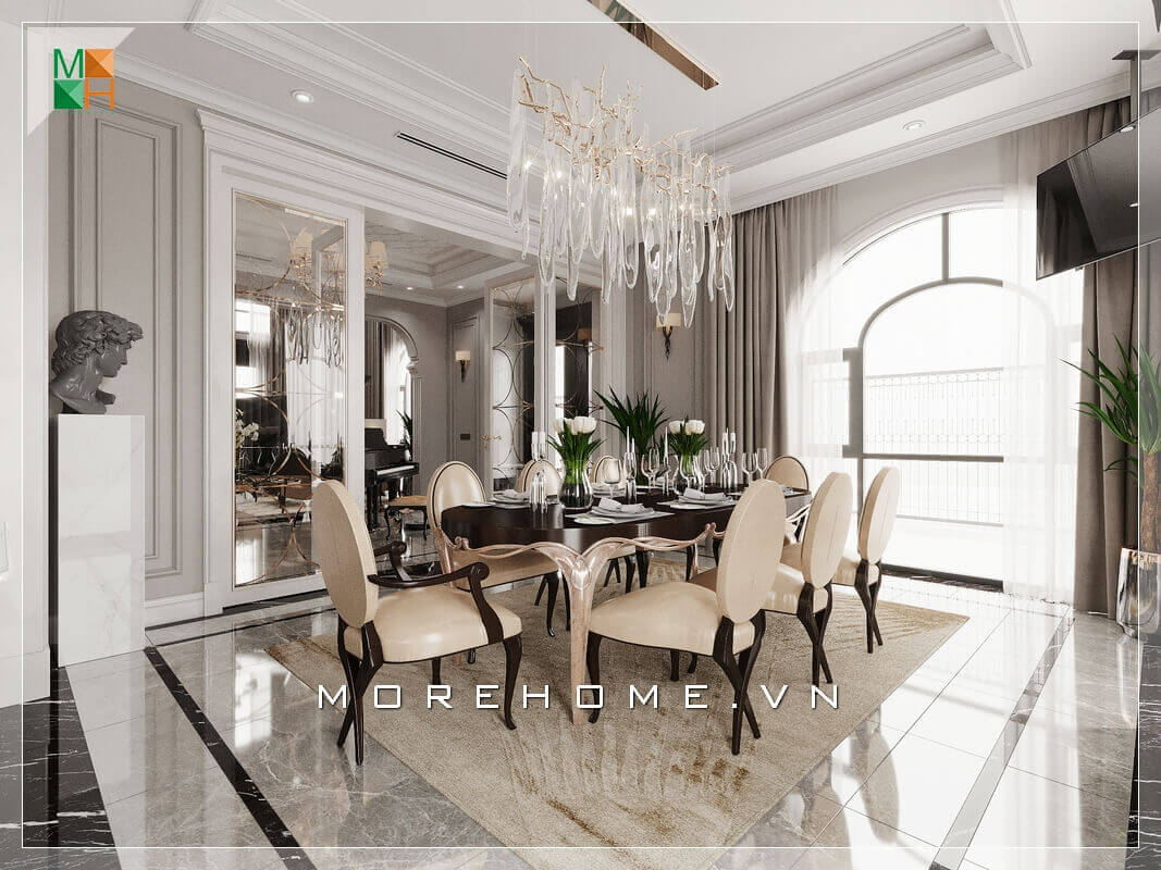 Thiết kế mẫu bàn ăn gỗ 8 ghế ăn bọc da chân gỗ óc chó sang trọng. Thiết kế phòng ăn biệt thự