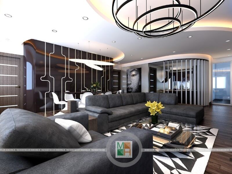 Mẫu thiết kế phòng khách chung cư hiện đại, các kiến trúc sư Morehome sử dụng các hình khối đơn giản và cụ thể mang đến sự rõ ràng và thuận tiện cho gia chủ