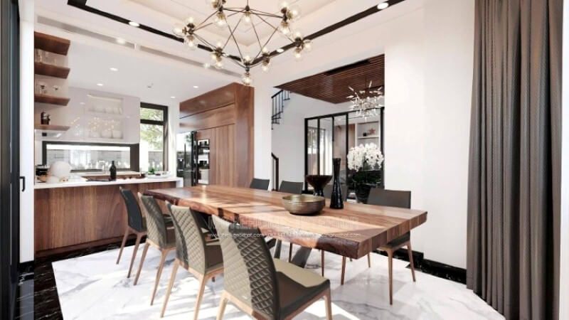 Sẽ là một gợi ý sáng tạo sẽ khiến bạn thích thú như trong mẫu thiết kế không gian bếp hiện đại biệt thự Vinhomes Imperia Hải Phòng trong đây, thiết kế kệ trang trí ở vị trí gần bàn ăn nhất giúp bạn lấy ly, chén một cách nhanh chóng