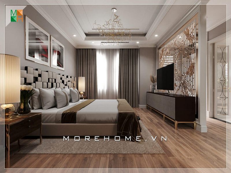 Tạo ra một thiết kế phòng ngủ đẹp mắt và tinh tế cho các loại hình nhà ở như chung cư, biệt thự, nhà phố bằng cách sử dụng kệ tivi gỗ chân sắt.